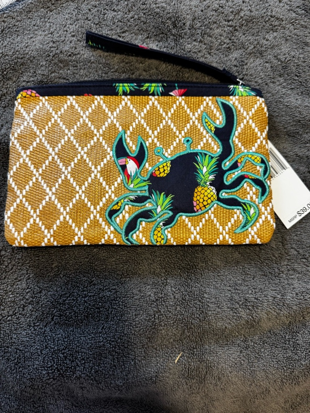Vera Bradley Mustard Woven Wristlet with Tropical Crab Appliqué